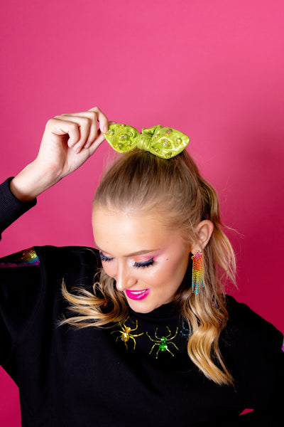 Shimmer Bow Scrunchie with Hand Sewn Crystals in Green