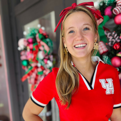 Houston Red Thin Embroidered Ribbon Bow Headband