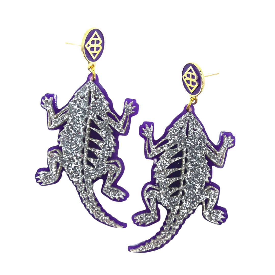 TCU Silver and Purple Horned Frog Earrings