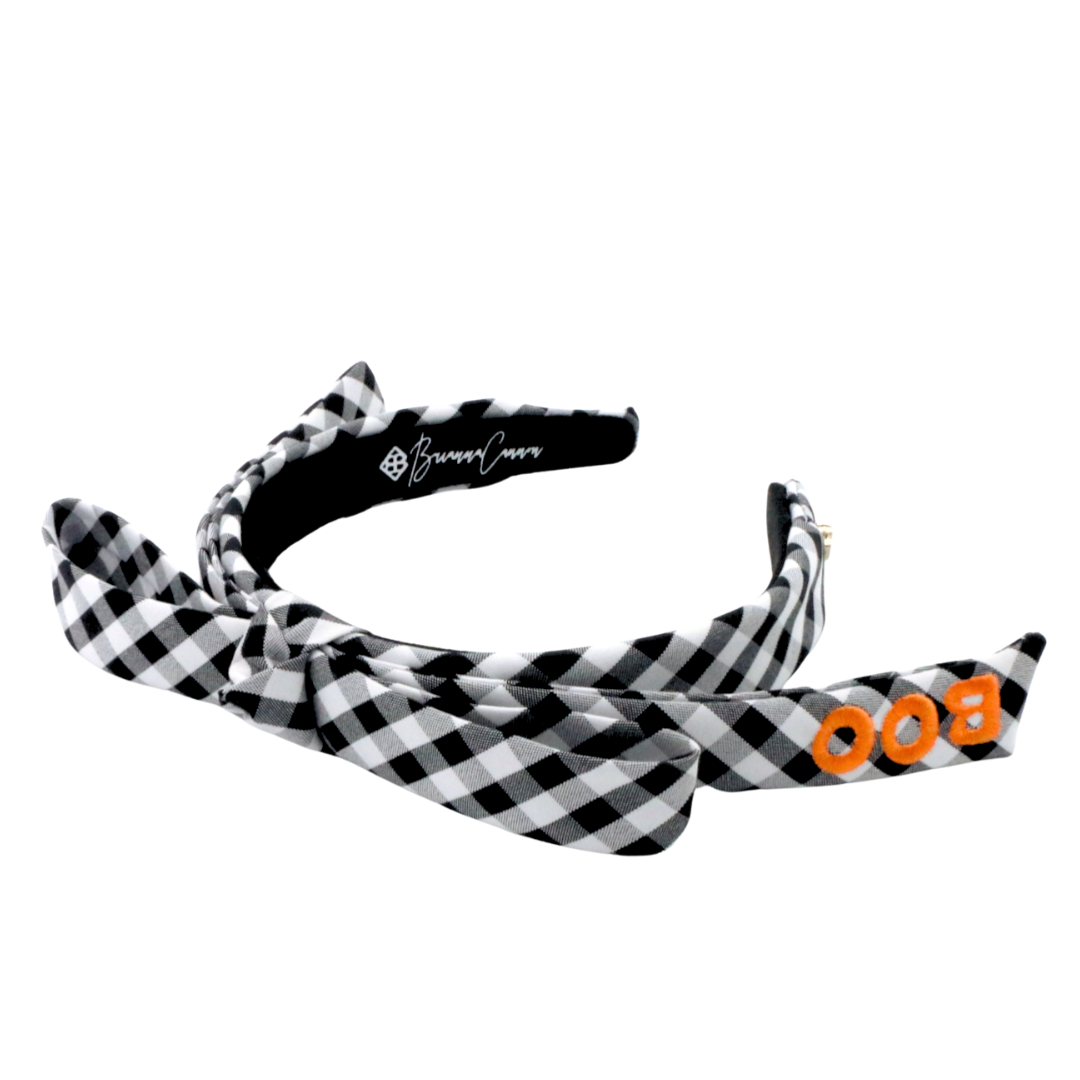 Thin Black & White Gingham BOO Embroidered Ribbon Bow Headband