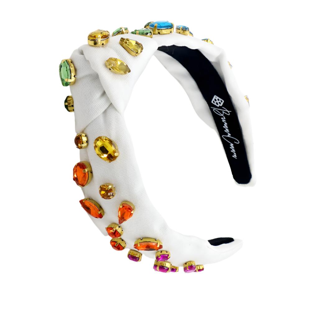 Child Size Ivory Headband with Rainbow Gradient Hand-Sewn Crystals