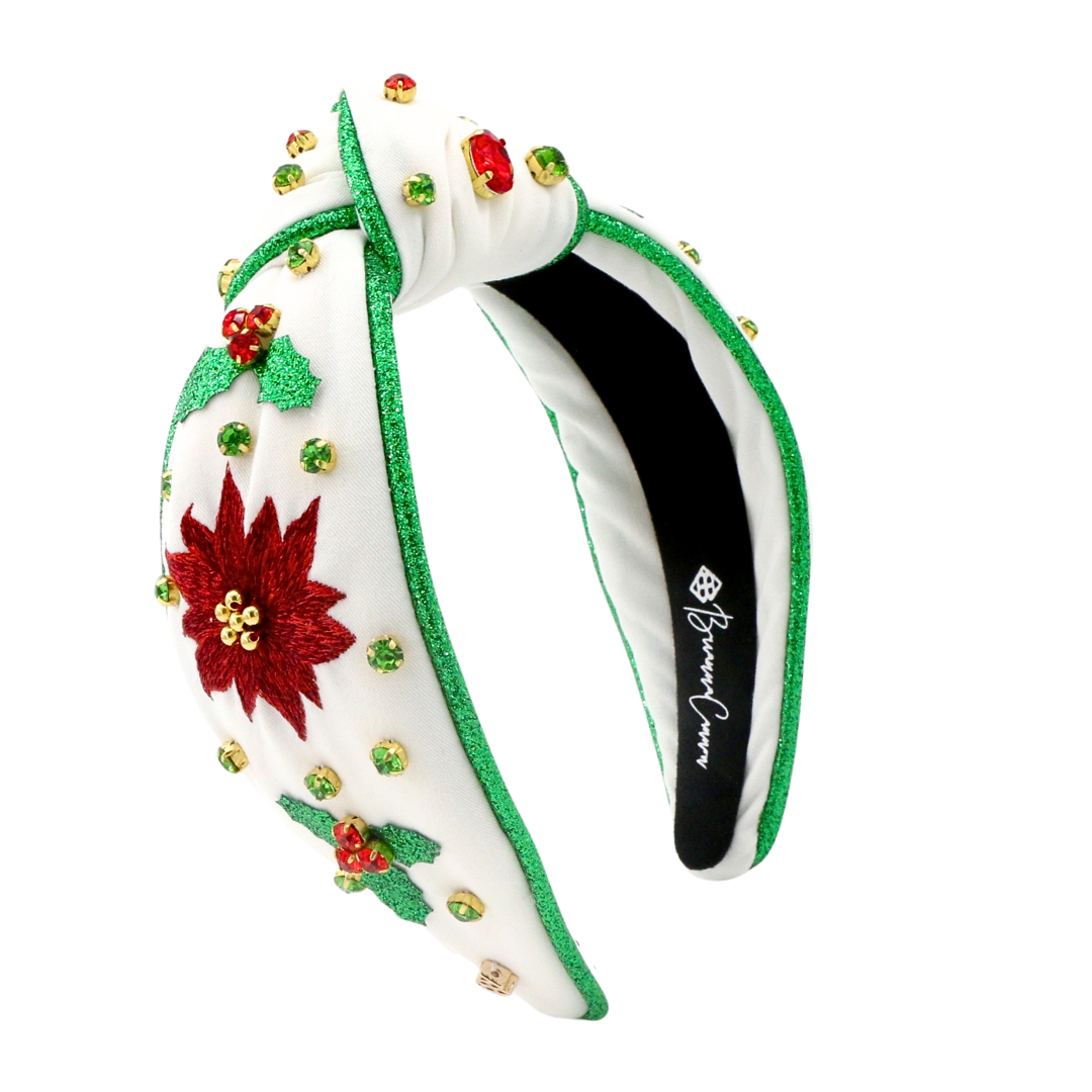 White Embroidered Poinsettia Headband with Green Crystals