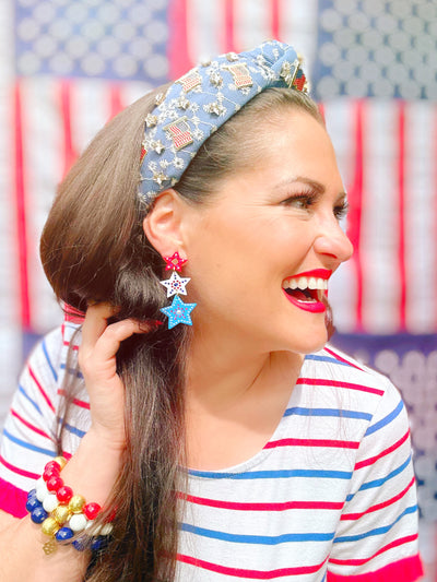 Denim Eyelet Headband with Flags & Stars