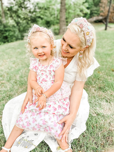 Child Size Pink Tweed Headband with Flowers