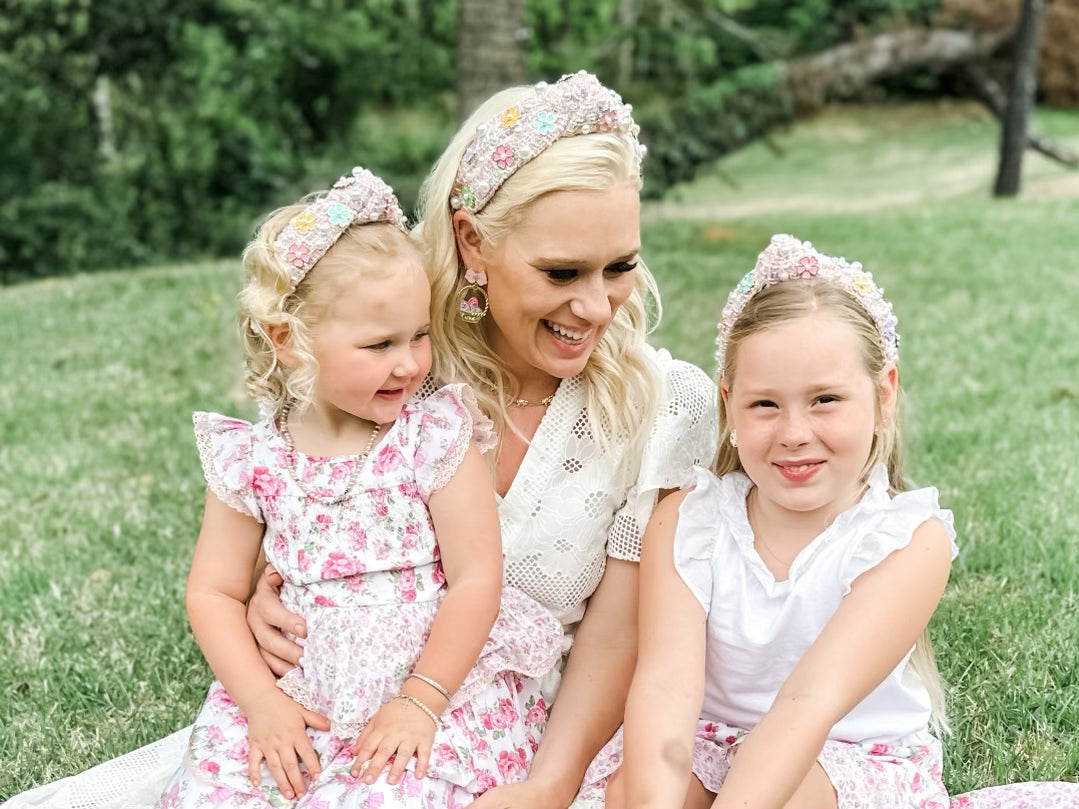 Adult Size Pink Tweed Headband with Flowers