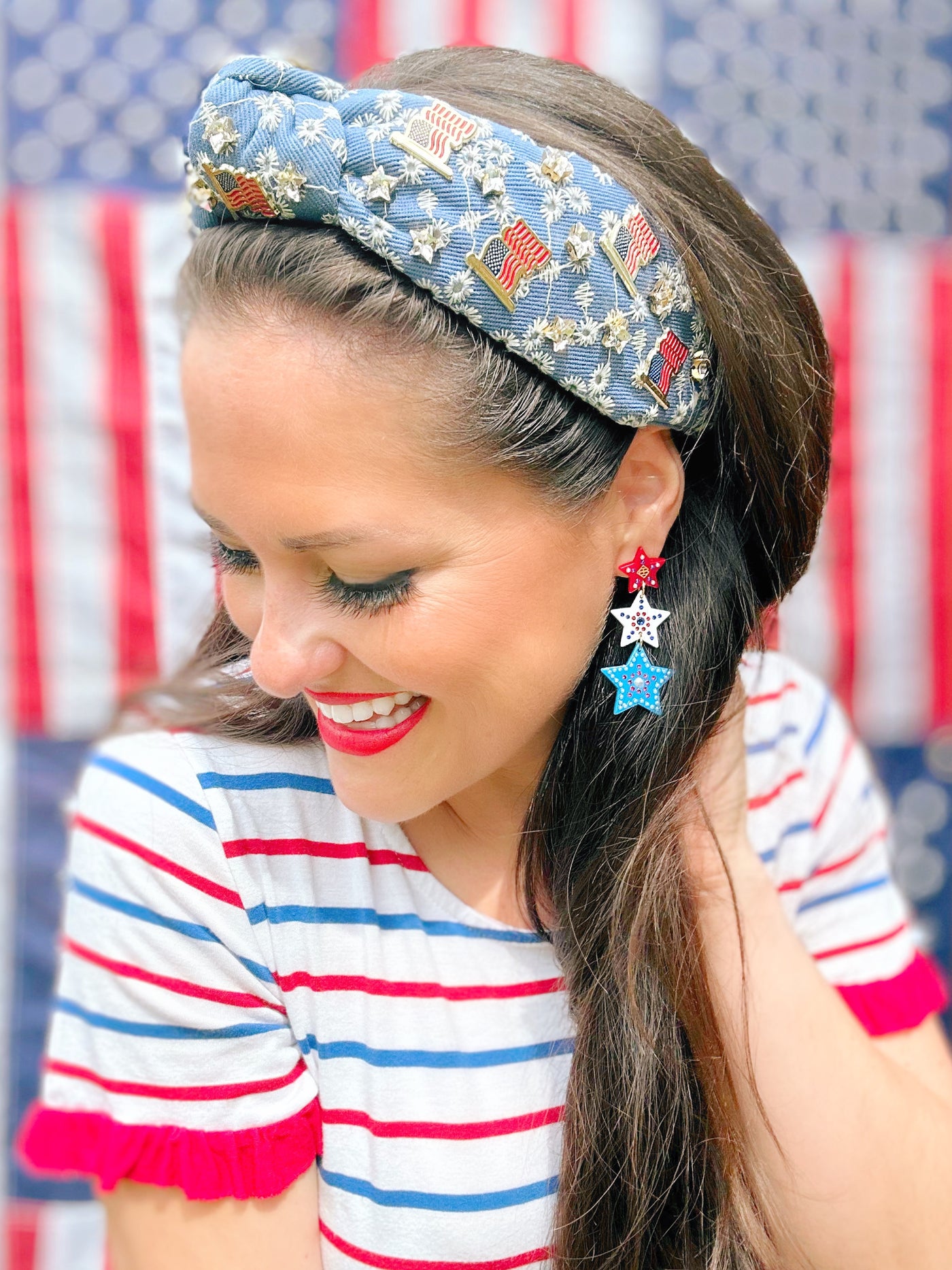 Red, White & Blue Star Earrings with Crystals and Pearls