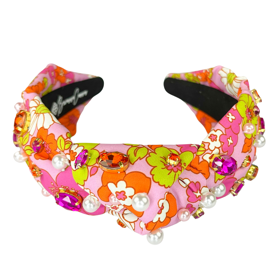 Pink and Orange Retro Floral Headband with Crystals and Pearls