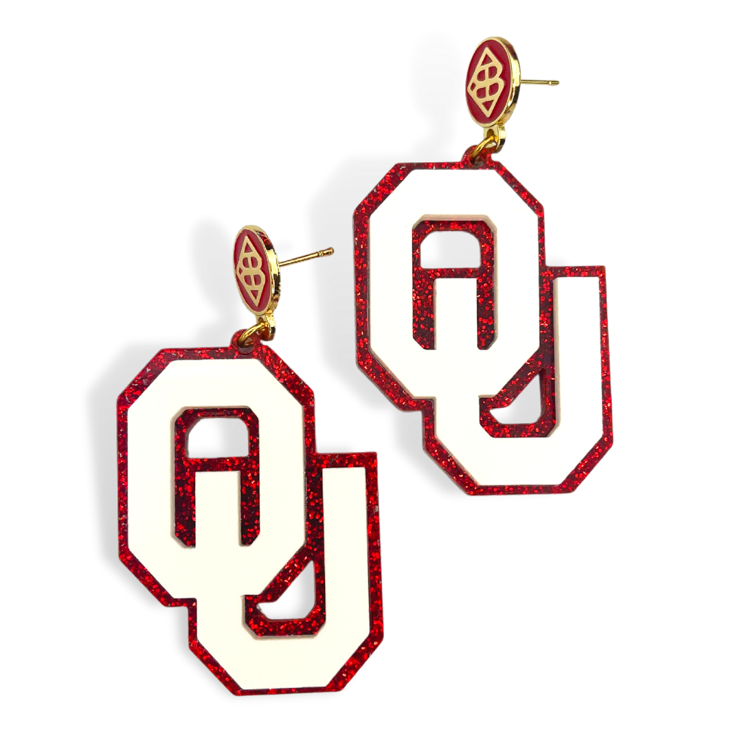 White and Crimson Glitter OU Earrings