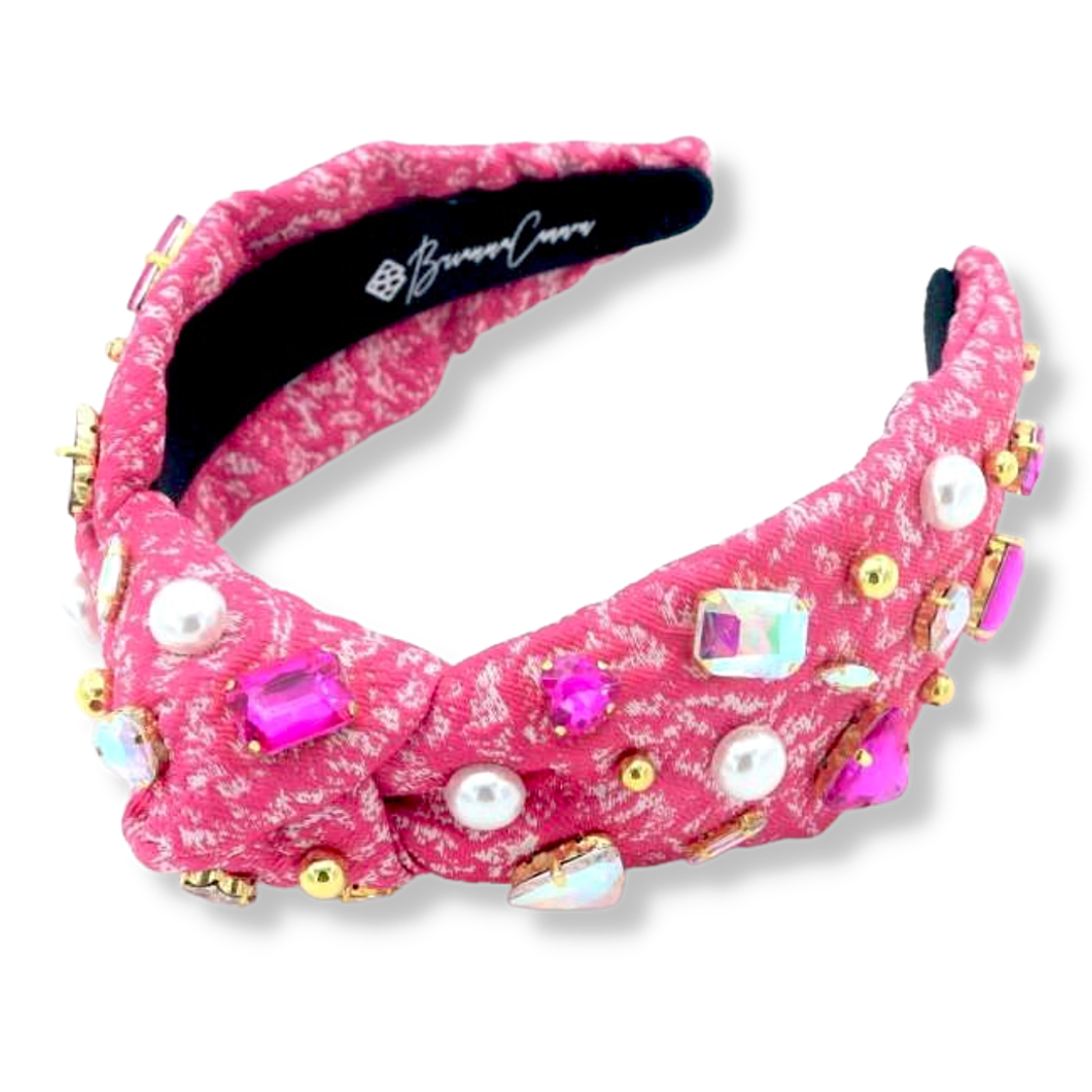 Pink Textured Headband with Crystals and Pearls