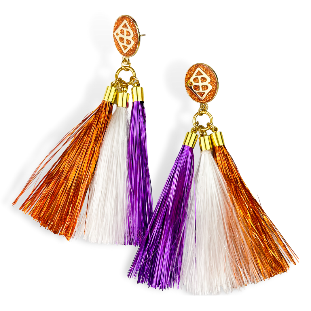 Orange, Purple, and White Metallic Jumbo Tassel Earrings