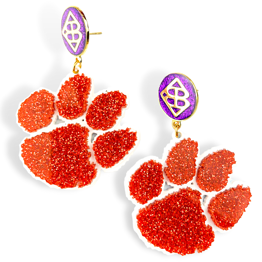 Clemson Orange Glitter and White Paw Earrings