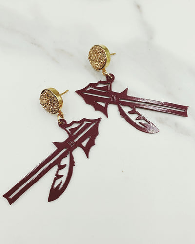 Florida State Garnet Spear Earrings with Gold Druzy