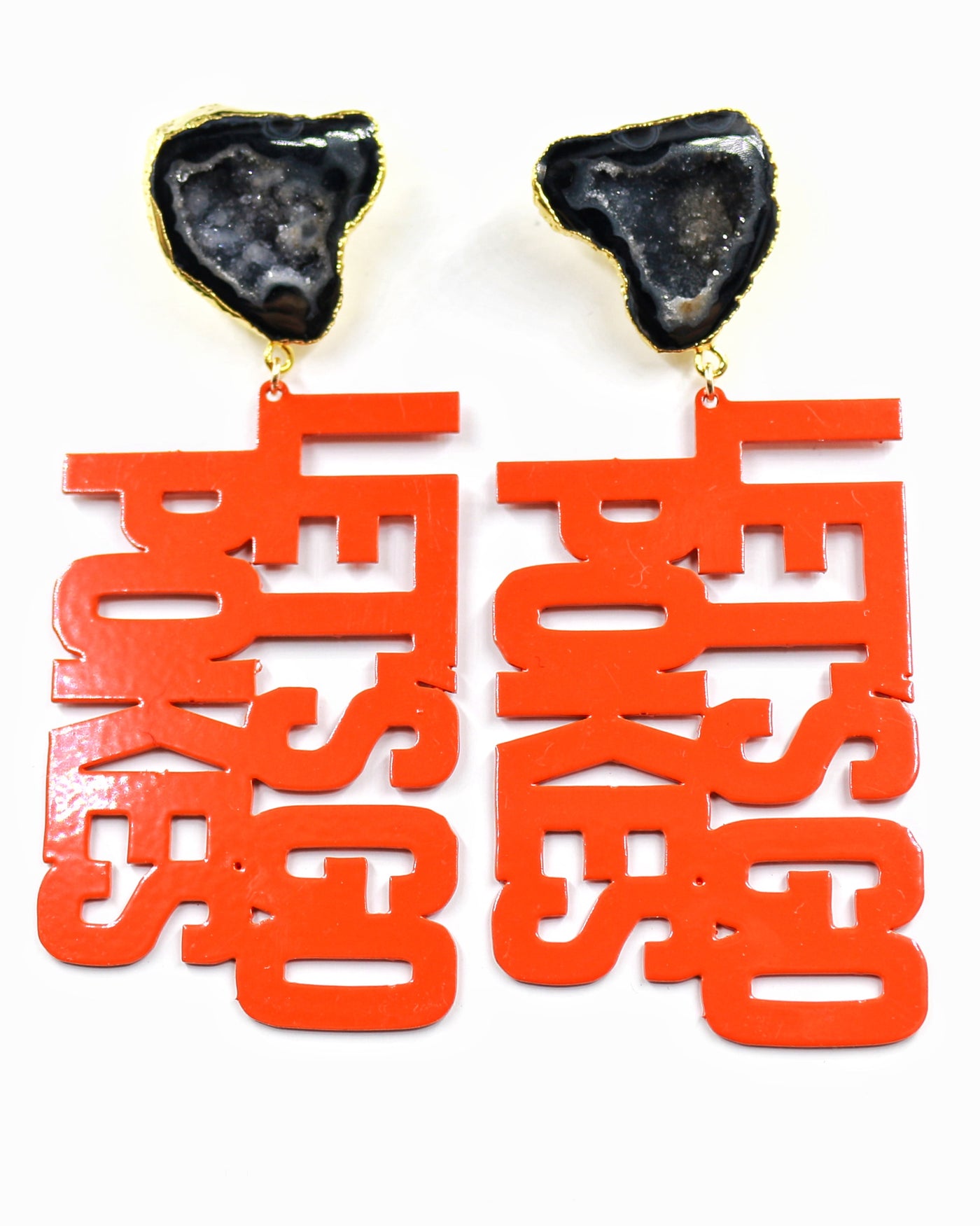 OSU Orange LET'S GO POKES Earrings with Black Geode