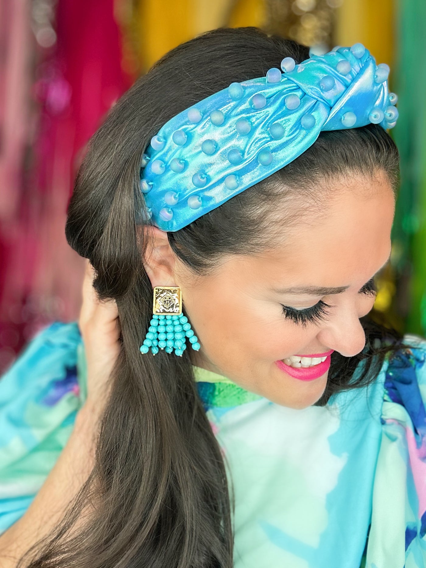 Iridescent Blue Headband with Beads