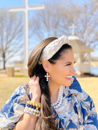 Ivory Brocade Headband with Pearl Crosses