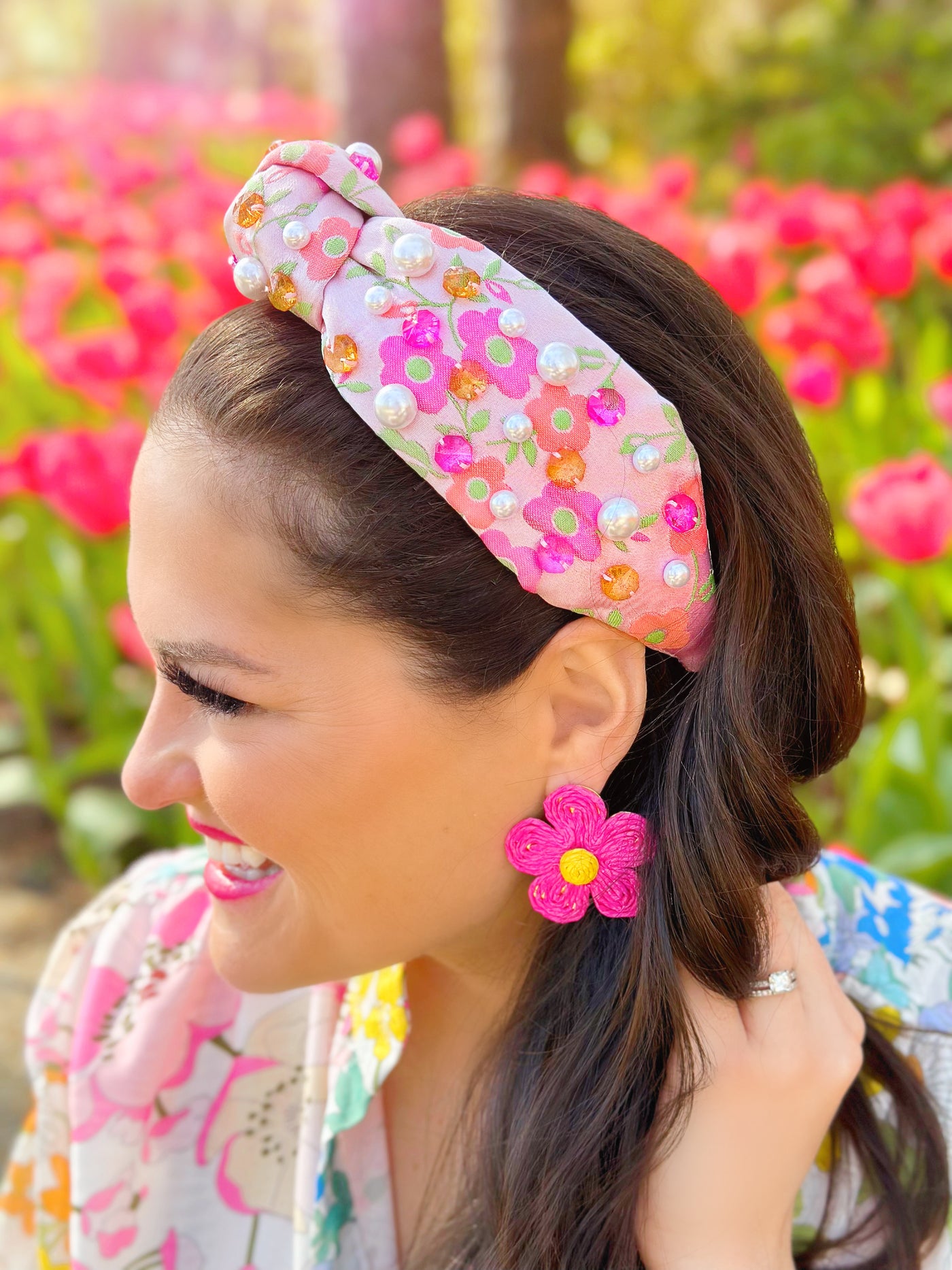 Pink Daisy Headband with Crystals and Pearls