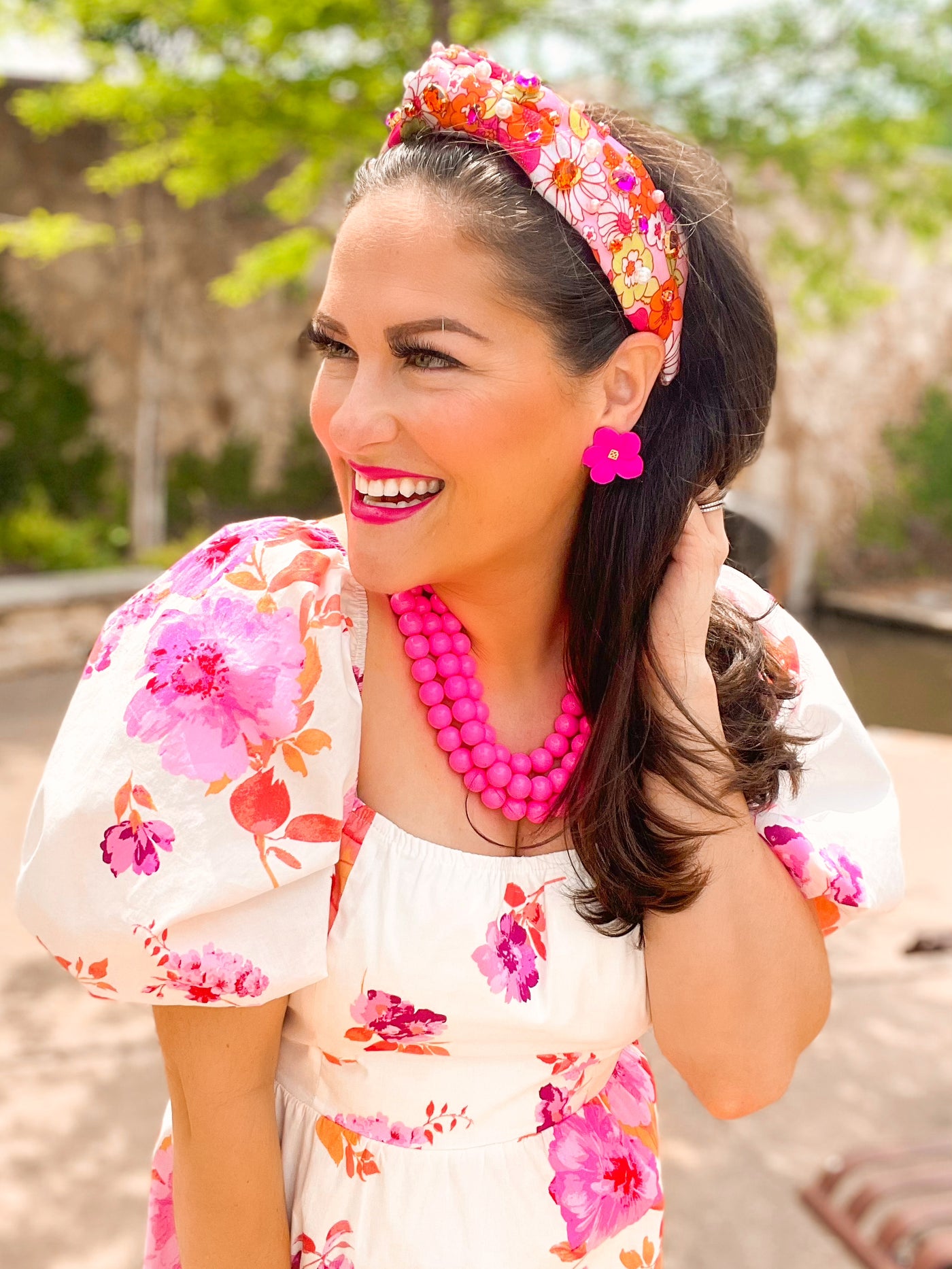 Pink and Orange Retro Floral Headband with Crystals and Pearls