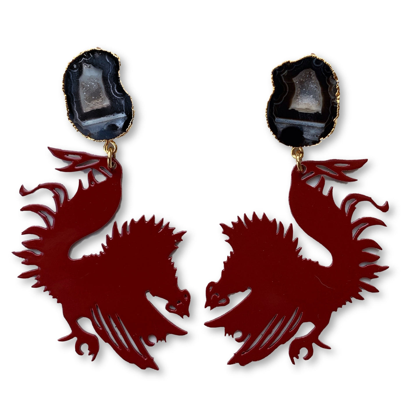 University of South Carolina Garnet Gamecock Earrings with Black Geode