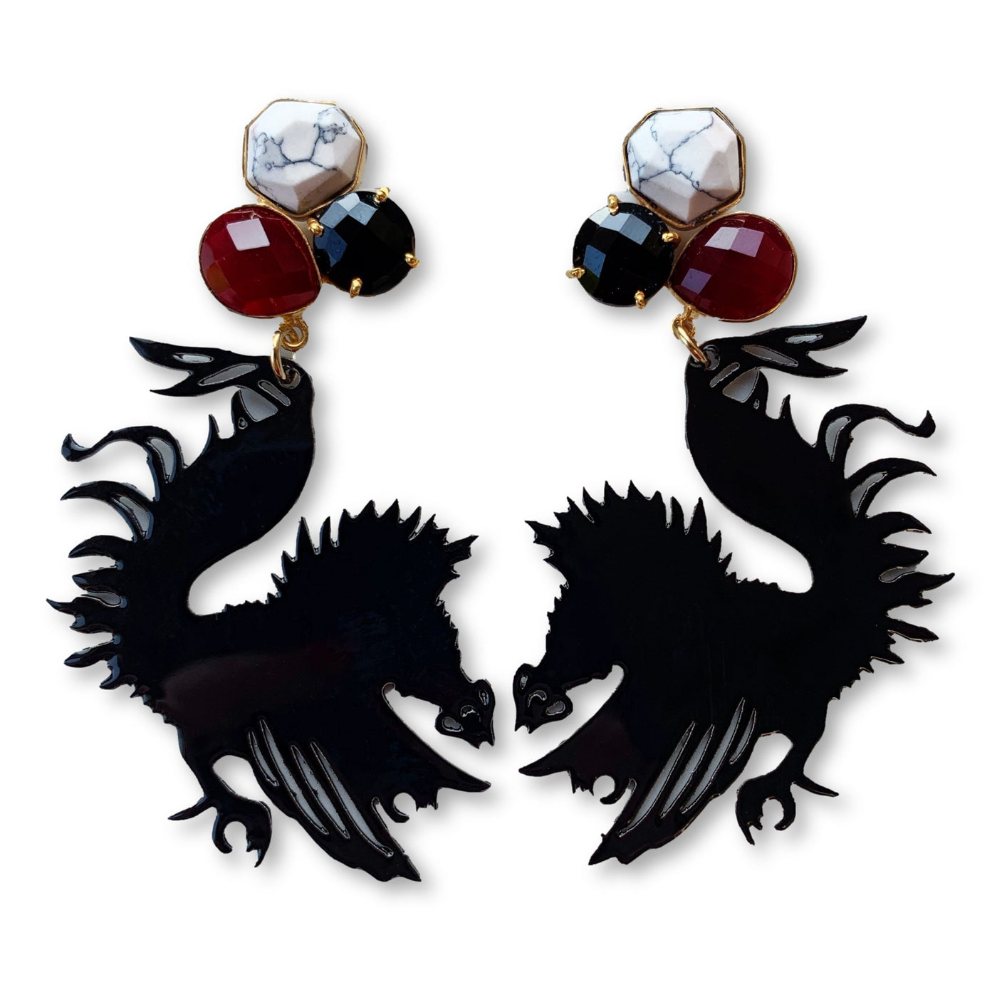 University of South Carolina Black Gamecock Earrings with 3 Gemstones