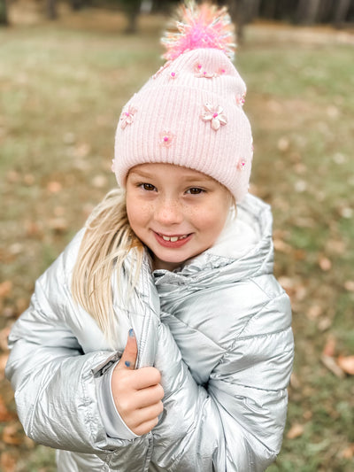 Pink Cashmere Beanie with Flowers and Iridescent PomPom