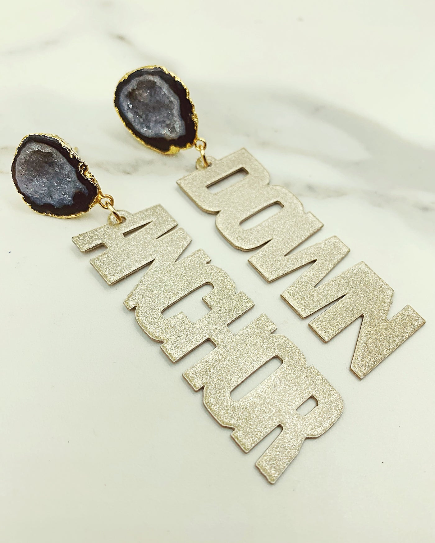 Vanderbilt Gold Tone ANCHOR DOWN Earrings with Black Geode