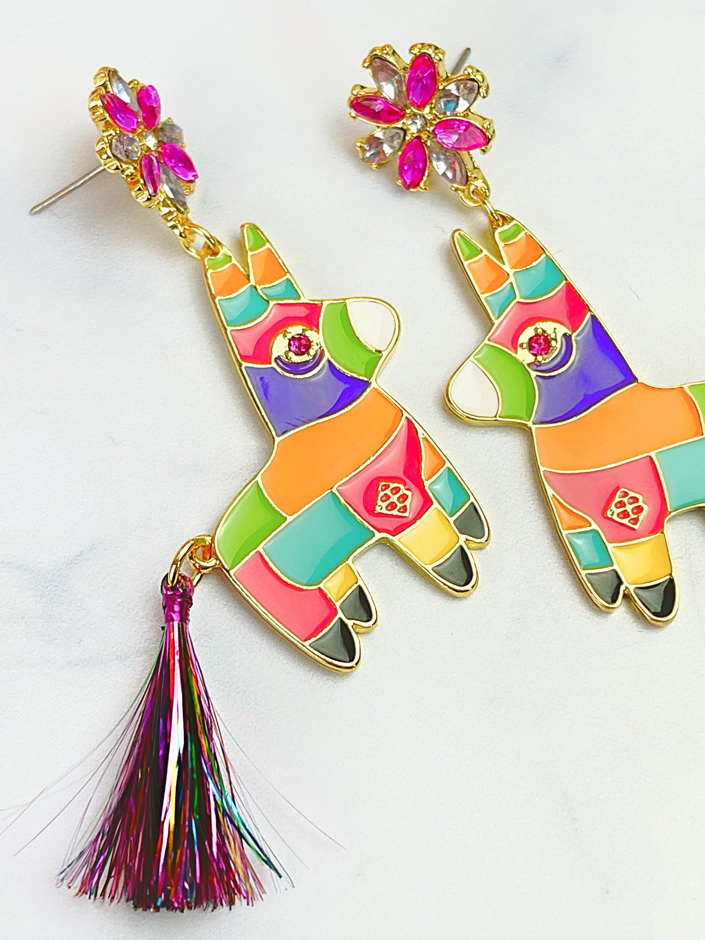 Burro Piñata Earrings with Metallic Tassel Tail