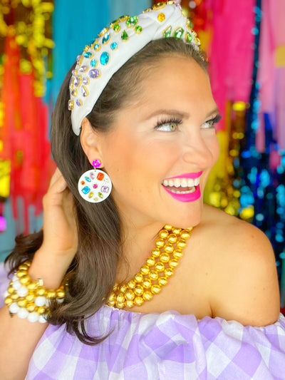 White Round Drop Earrings with Rainbow Crystals