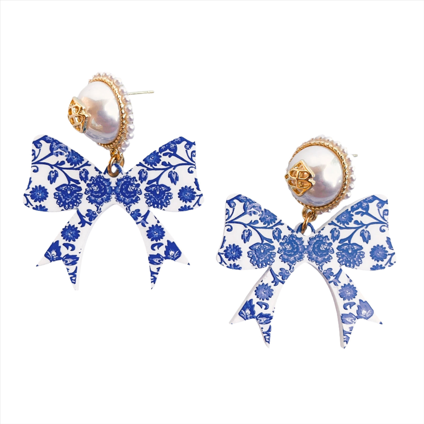 Grandmillennial Collection - Chinoiserie Blue and White Bow Earrings