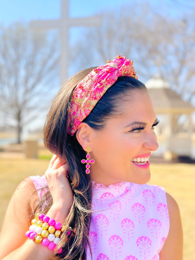 Gold and Pink Metallic Headband with Pink Crystals and Crosses