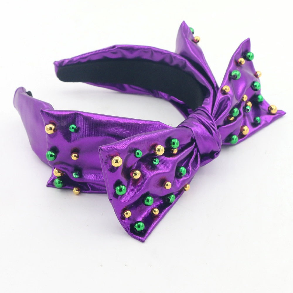 Adult Size Purple Mardi Gras Side Bow Headband with Beads