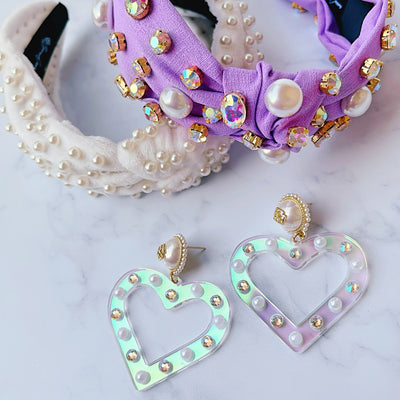 Iridescent Heart Earrings with Pearls and Crystals