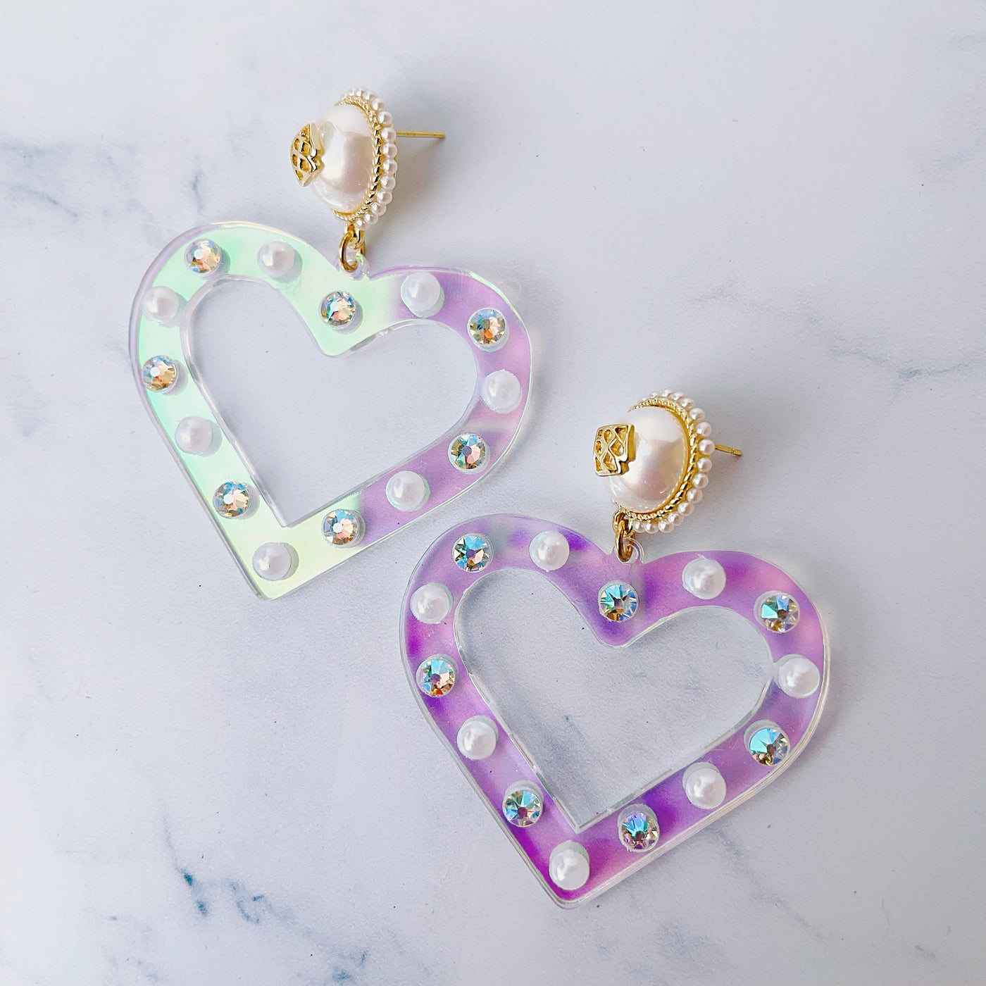 Iridescent Heart Earrings with Pearls and Crystals