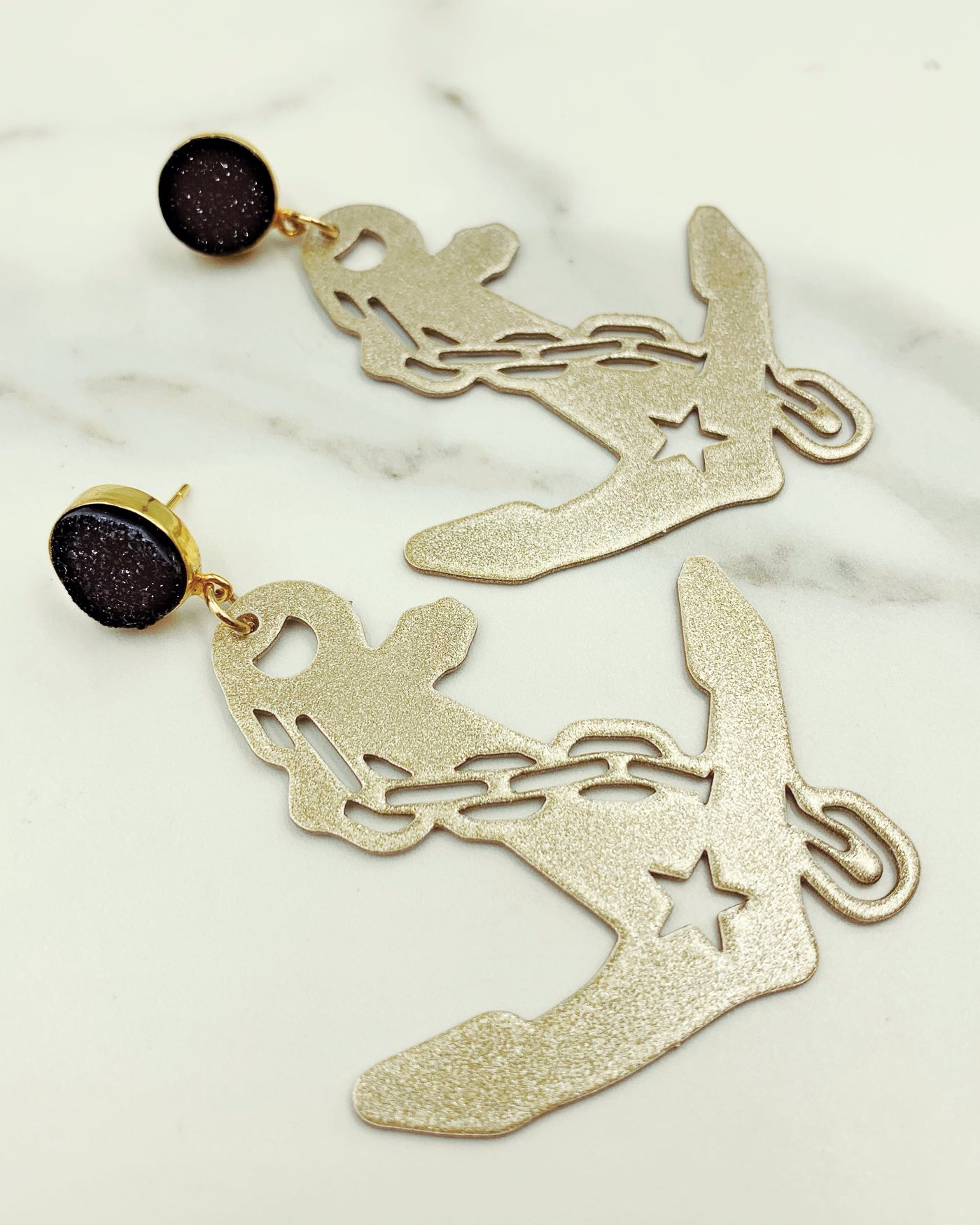 Vanderbilt Gold Tone Anchor Earrings with Black Druzy