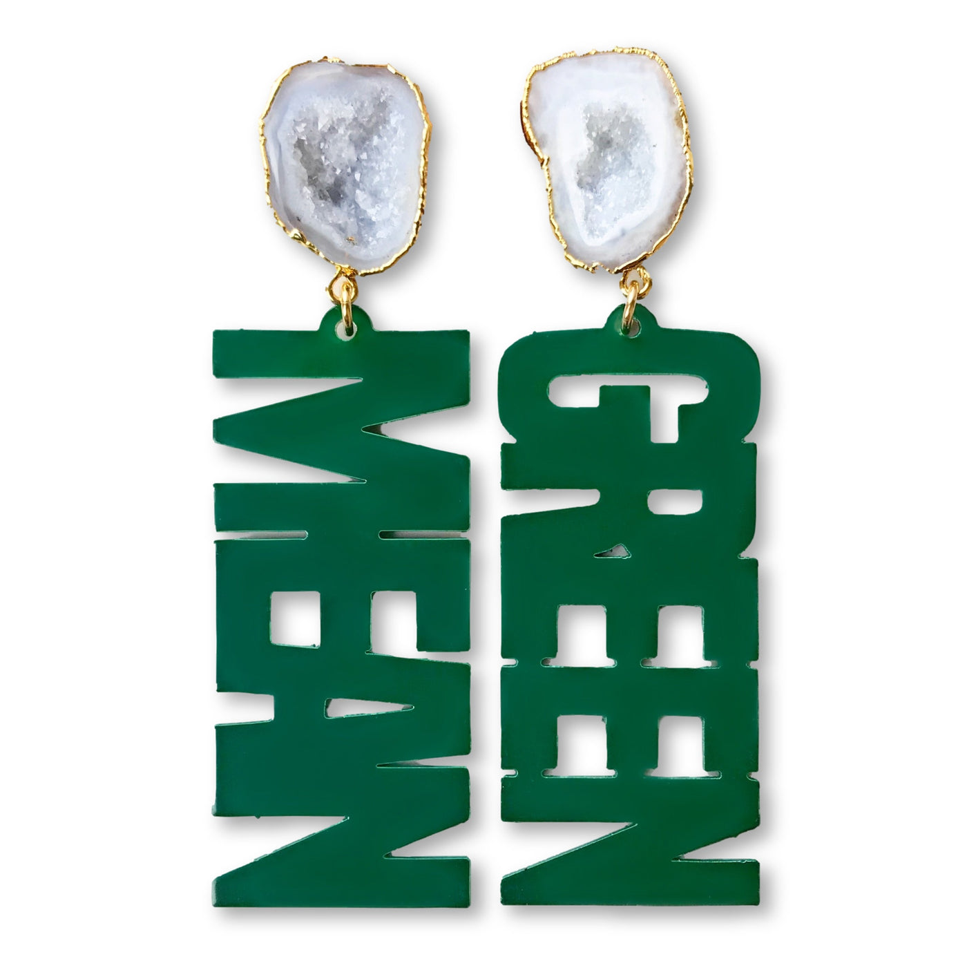 North Texas Green "MEAN GREEN" Earrings with White Geode