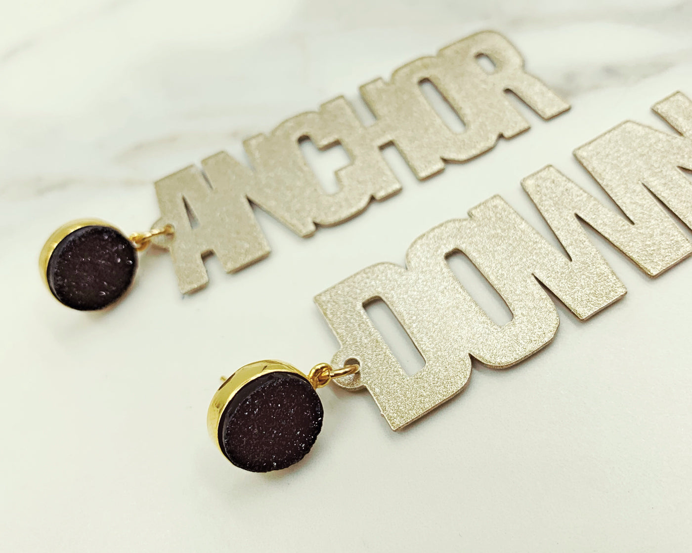 Vanderbilt Gold Tone ANCHOR DOWN Earrings with Black Druzy