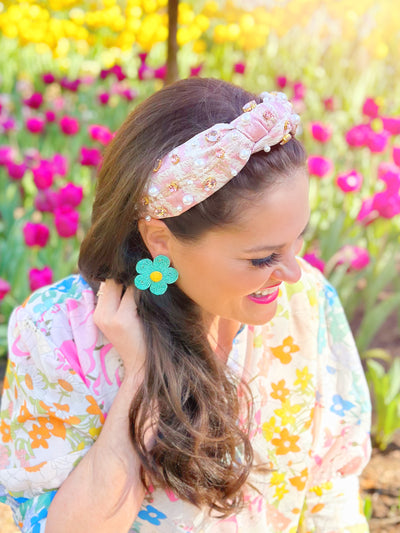 Turquoise Green Raffia Daisy Earrings