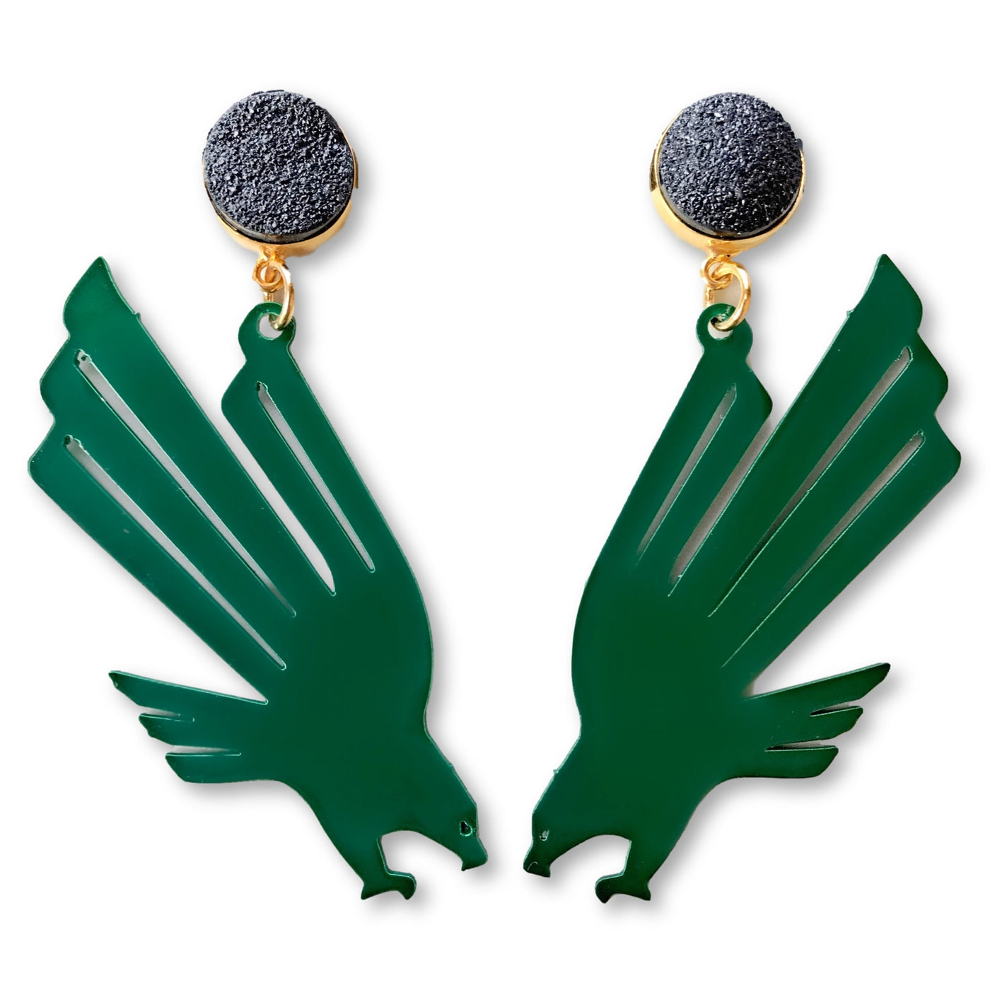 North Texas Green Eagle Logo Earrings with Black Druzy