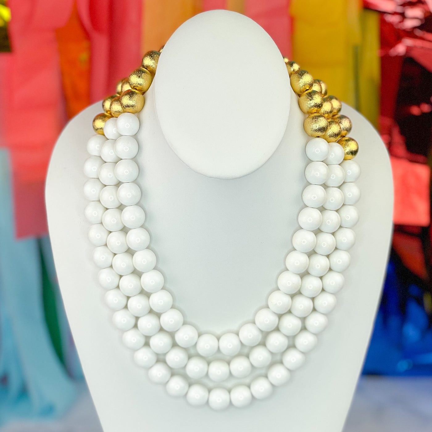 3 Strand White Beaded Brianna Necklace