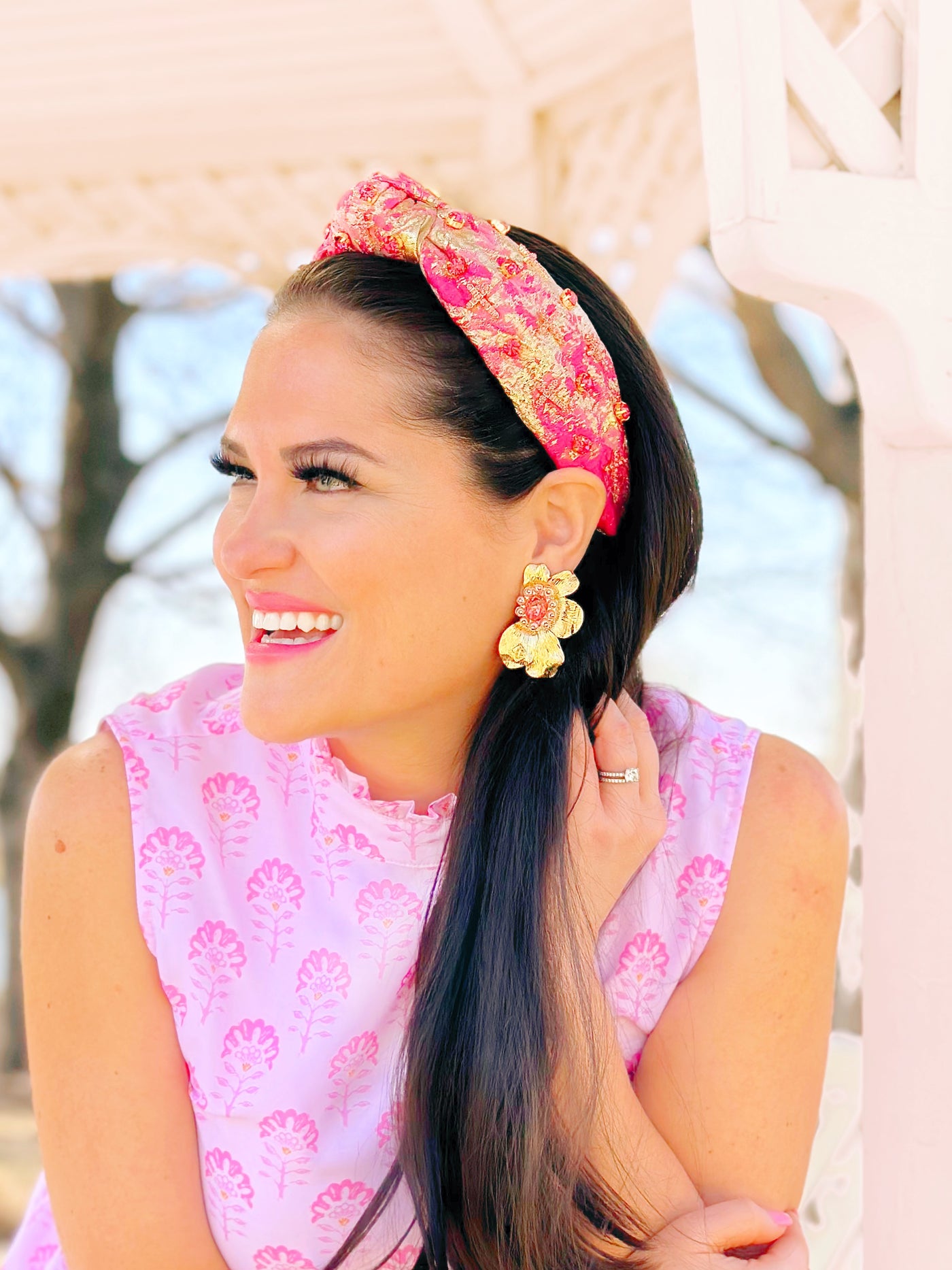 Gold and Pink Metallic Headband with Pink Crystals and Crosses