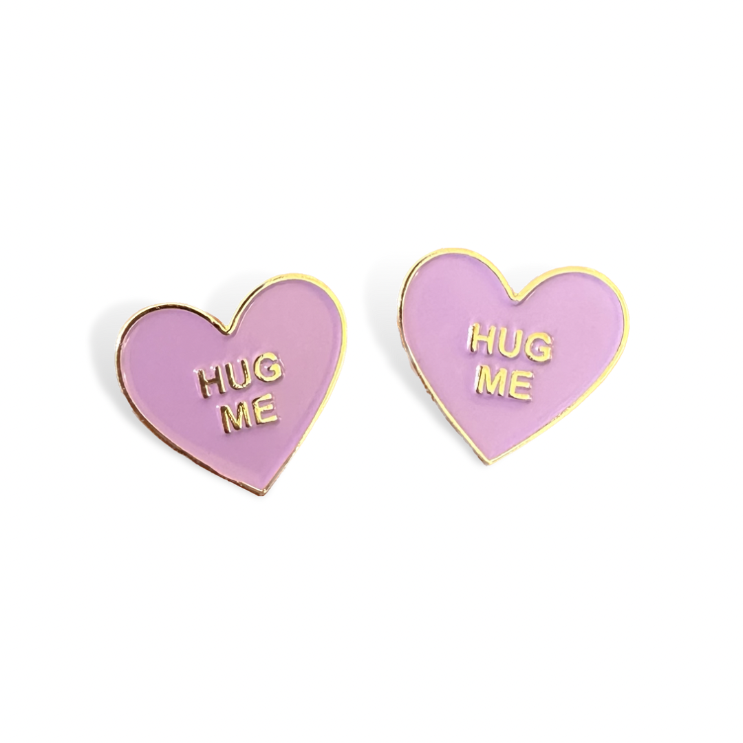 HUG ME Purple Conversation Heart Enamel Studs