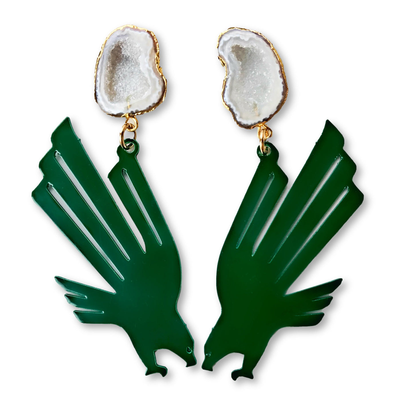 North Texas Green Eagle Logo Earrings with White Geode