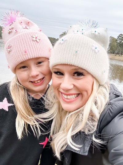 Pink Cashmere Beanie with Flowers and Iridescent PomPom