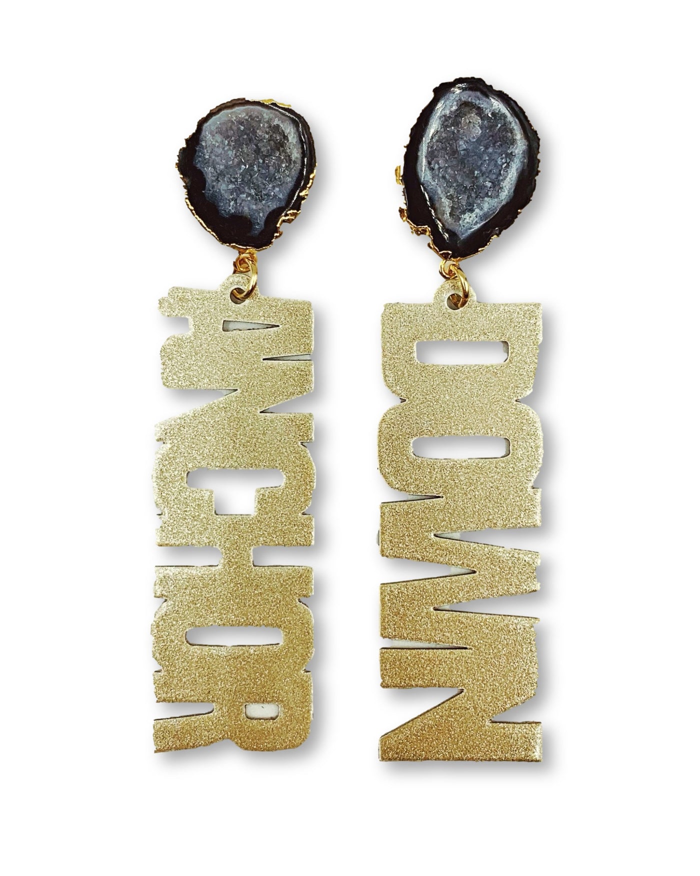 Vanderbilt Gold Tone ANCHOR DOWN Earrings with Black Geode