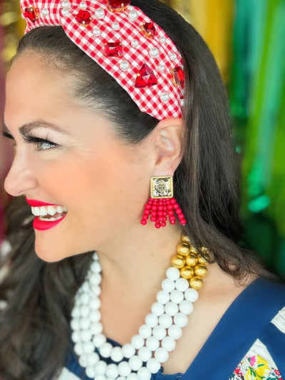 Square BC Icon Red Beaded Earrings