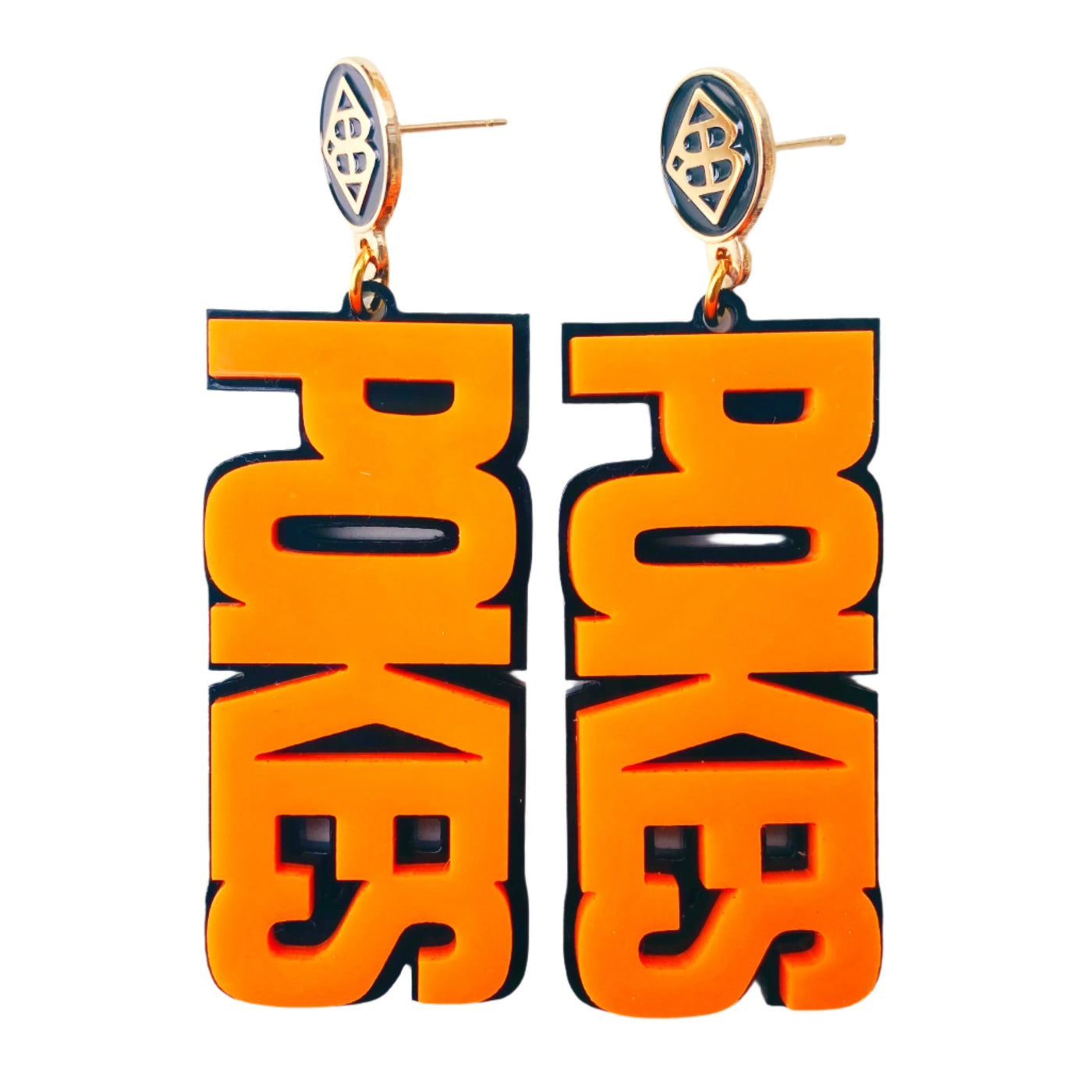 Oklahoma State Orange POKES Earrings over Black with Black Logo Top