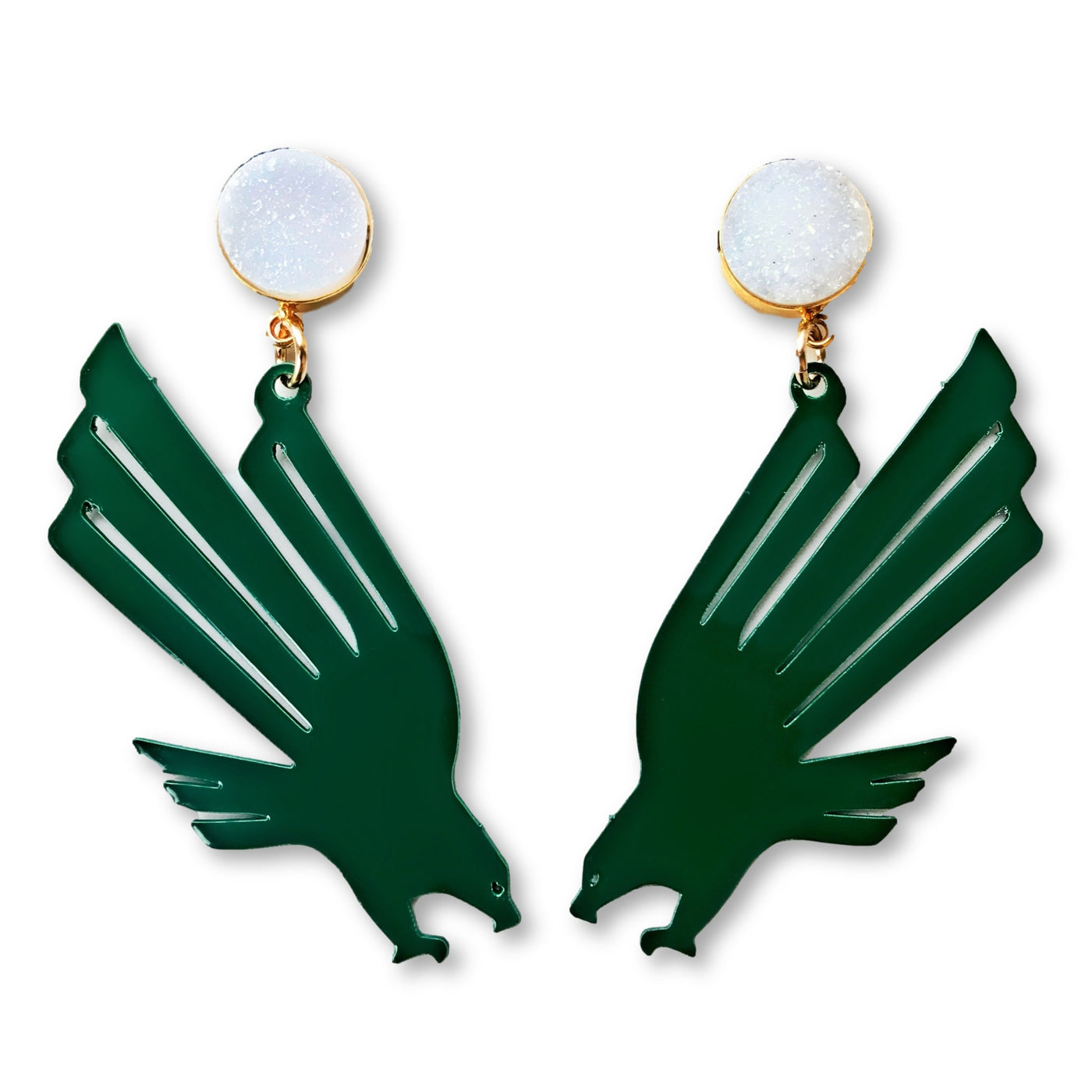 North Texas Green Eagle Logo Earrings with White Druzy