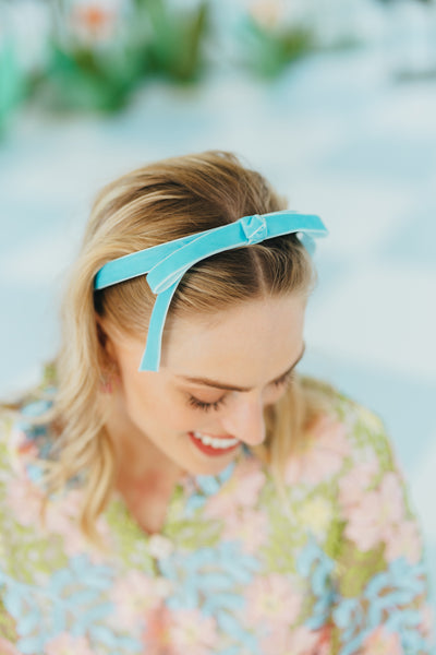 Thin Pastel Blue Velvet Ribbon Bow Headband