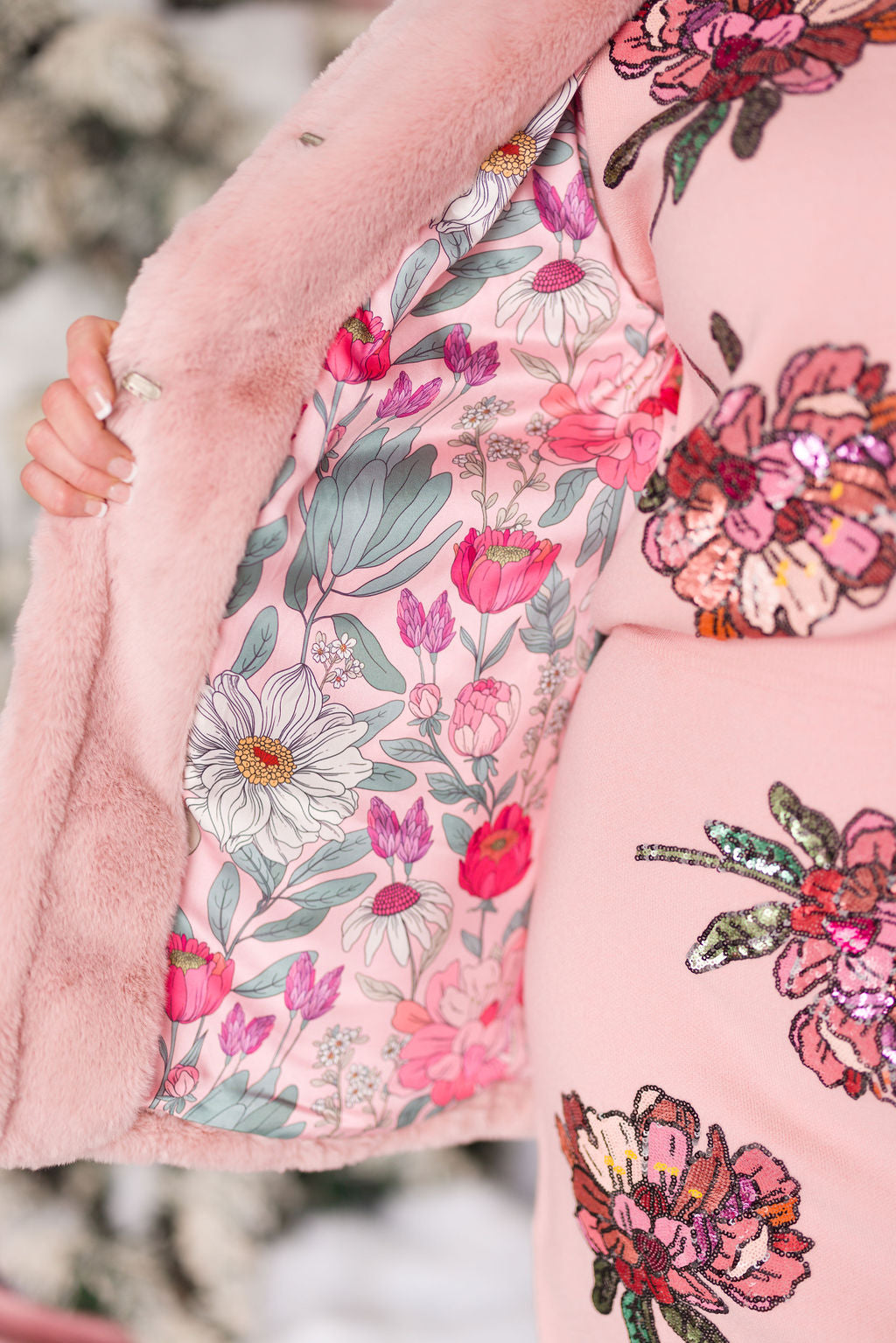 Dusty Pink Vegan Fur Coat with Floral Lining