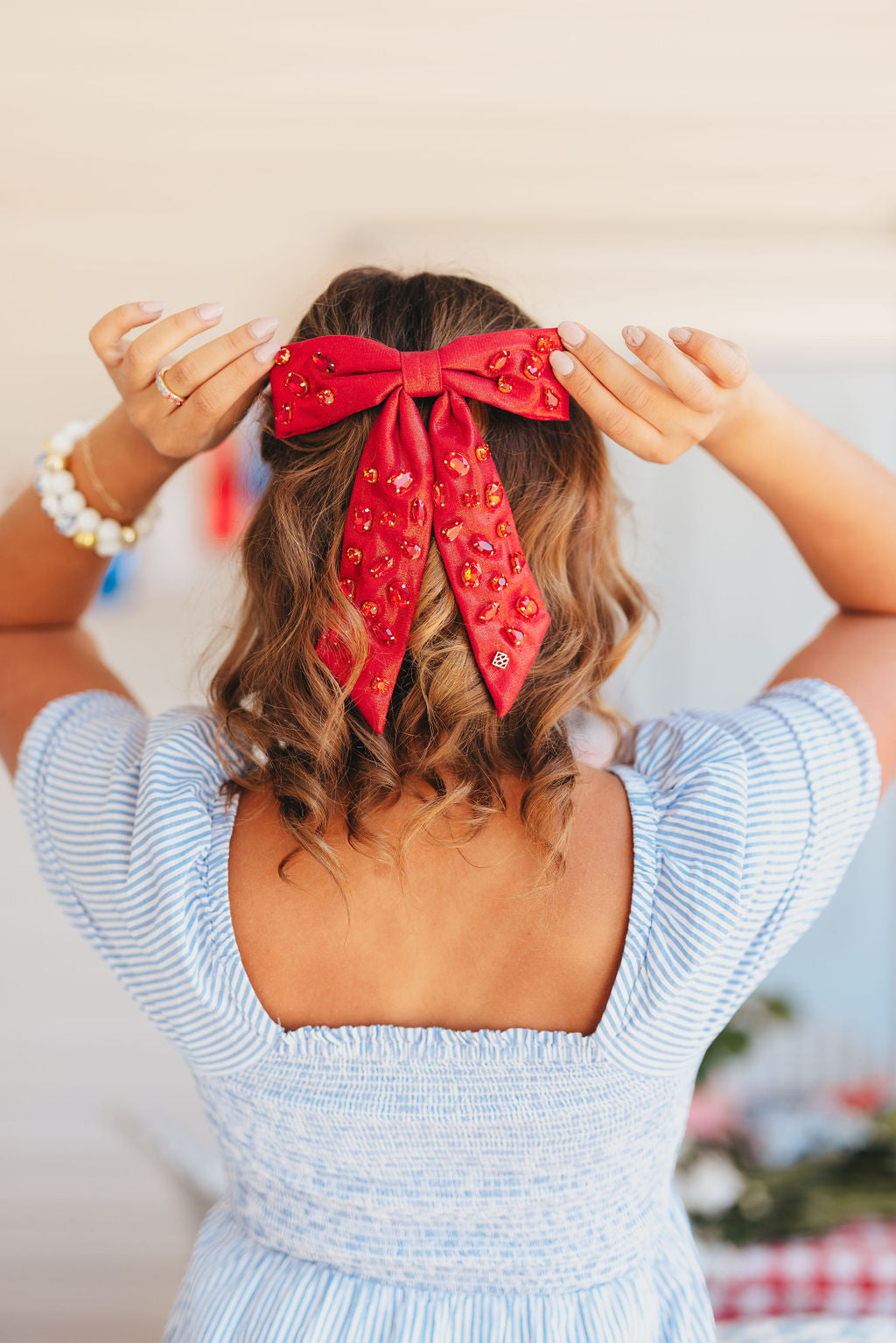 Shimmer Bow Barrette with Hand Sewn Crystals in Red