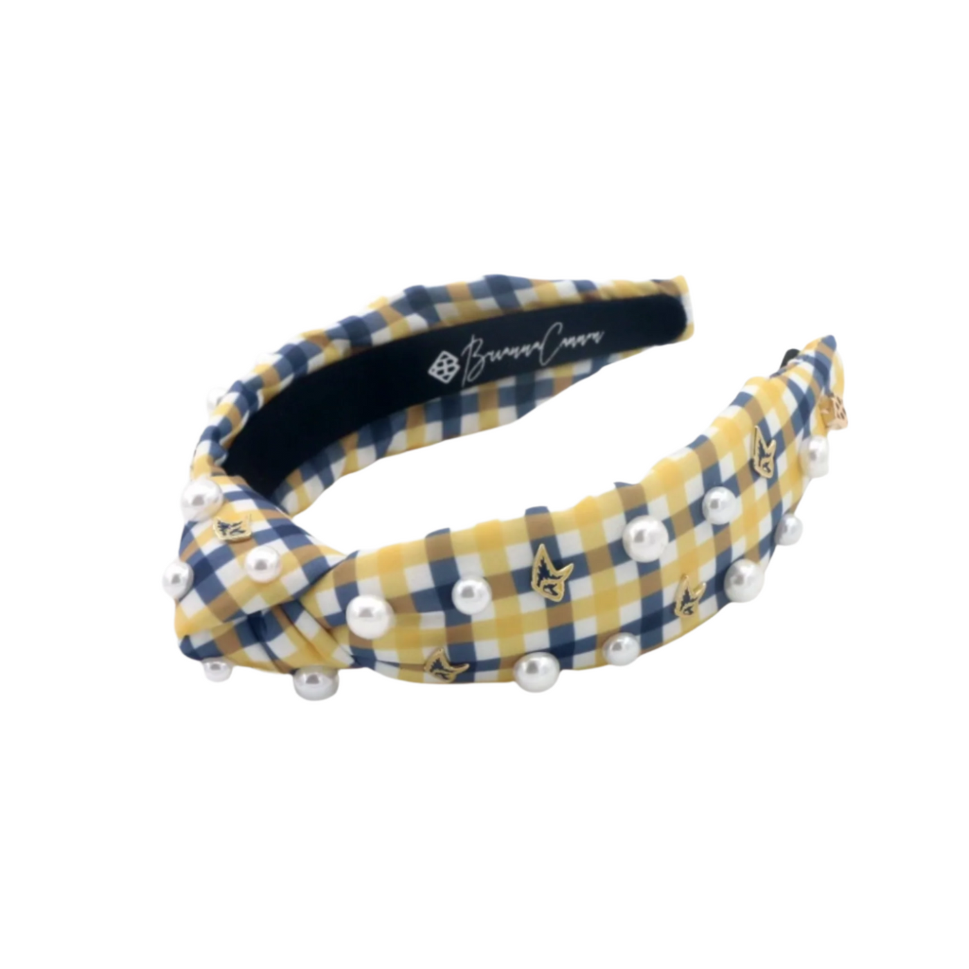 Child Size Gold & Navy Gingham PCA Logo Headband With Pearls